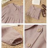 MQTIME  -  Retro Linen Doll Collar Girls Dress New Spring And Summer Chic Wooden Buttons Long-Sleeved  A-Line Dress Linen Kids Clothes
