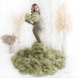  MQTIME  -  Modest Olive Green Mermaid Maternity Dress Layered Tulle Train Long Sleeves Maternity Dresses Photoshoot Babyshower Dress Custom