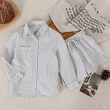  MQTIME  -  Children's Cotton Linen Buttons Black And White Striped Suit Autumn New Boys And Girls Long-Sleeved Shirt Drawstring Shorts Sets