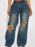 MQTIME  -  Women Jeans Autumn Retro Hollow Out Washed Jeans Women's Knee Ripped Wide Leg Denim Pants