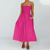 MQTIME  -  Fashion Sleeveless Pleated A-line Long Dress Summer Slash Neck High Waist Dresses Women Beach Spaghetti Strap Cloth