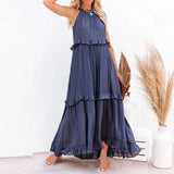 MQTIME  -  Women Boho Solid Color Dress Sleeveless Ruffled Maxi Vestidos Loose Fit Straight Hippie Dresses Layered Princess Robe