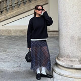 MQTIME  -  Vintage Preppy Plaid Skirt Sheer Chiffon Asymmetric Hem Midi Skirts Women Y2k Aesthetic Chic Female Retro Stylish Street Outfits
