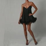 MQTIME  -  Women Solid Color Feather Trim V-Neck Chain Spaghetti Straps Sling Mini Dress Summer Sleeveless Backless vestido