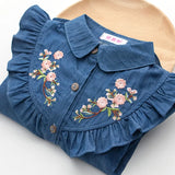 MQTIME  -  Kids Girl Denim Blouses Spring Autumn Long Sleeve Turn Down Collar Embroidered Flowers Girls Shirt 4-12Years