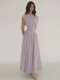 MQTIME  -  Mesh Pleated Dress Elastic Waist Cinching Round Neck Short Sleeved Diagonal Waistline Slimming Gauze Long Dresses Purple Robes