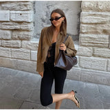 MQTIME  -  Chic Suede Short Jacket Woman Lapel Zipper Pocket Long Sleeves Solid Coats 2025 Autumn Casual Streetwear Lady New In Jackets