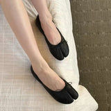 MQTIME  -  Womens Comfort Soft Leather Flat Single Shoes Spring Fresh Style Color Block Toe Separation Pig Hoof Knot Mary Janes
