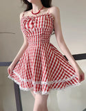 MQTIME  -  Plaid Dresses Women Bandage Sleeveless Slim Lace Patchwork Summer Fashion Sweet Elegant Party Mini Dress Female Casual