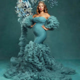 MQTIME  -  Teal Blue Mermaid Maternity Dress for Pregnant Woman Removable Puffy Sleeve Women Gowns for Photoshoot Evening Bathrobe Robes