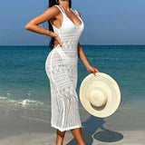 MQTIME  -  Coolgirlslook Sexy Crochet Knit Dress Women Spaghetti Strap Sheer Openwork Midi Beach Vacation Cover Up Hottie Vestidos