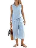 MQTIME  -  Sleeveless Printed Striped T-shirt Women 7 Point Pants Suit Fashion Pocket Top Elastic Waist Tie Loose Wide Leg Pants 2piece Set