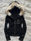  MQTIME  -  Vintage Y2k Gothic Hoodie Women Winter Aesthetic Letter Fur Collar Zipper Sweatshirt 2000s Streetwear Fashion Slim Jacket New