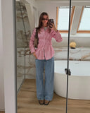 MQTIME  -  Casual Striped Shirt Women Korean Single Breasted Elastic And Pleated Blouse Spring 2025 New Turndown Collar Long Sleeves Shirts