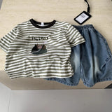  MQTIME  -  Boys Suit Spring/summer New Childrens Clothes Boys Baby Print Stripe T-shirt Denim Cropped Pants Two-piece Set Simple
