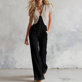 MQTIME  -  Retro Jumpsuit Women Sexy Slim Fit Stripe Print Short Sleeve Deep V-Neck Versatile Casual Wear Summer Fashion Pants