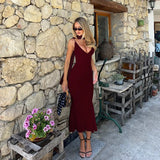 MQTIME  -  Sexy Spaghetti Strap Bodycon Ruched Summer Dress Women's Long Dress Fashion Elegant V-neck Holiday Summer Party Dress
