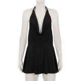 MQTIME  -  Rivets Swinging Collar Lace Up Halter Backless A-line Mini Dress Women Sexy Sleeveless Y2K Casual Streetwear Night Clubwear