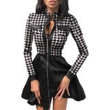MQTIME  -  Women Long Sleeve Zipper Pocket Large Hem Faux Leather Lace Mini Dress Women's Clothing Elegant Fashion Party Dress vestidos