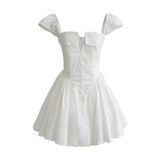 MQTIME  -  New Square Collar Cuffed Dress with Waist cinching and slimming A-line Short Skirt