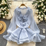 MQTIME  -  Summer New 3D Floral Beach Short Dress Female Long Sleeves Lace Up Ruffle Chiffon Cake Sundress Sheer Sexy Bohemian Vestidos
