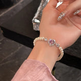 Mqtime Fashion Zircon Pink Heart Pearl Elastic Bracele For Women Girs Delicate Zircon Starlight Bangles Party Jewelry Gifts