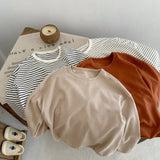  MQTIME  -  Spring Kids Basic Tee Unisex Striped Long Sleeve T-Shirt Soft Cotton Round Neck Casual Top