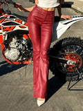  MQTIME  -  Women PU Leather Long Pants Solid Color High Waist Bell Bottom Trousers for Party Fashion Streetwear