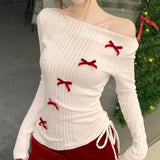 MQTIME  -  2025 Spring New Slant Collar Strapless Bow Patchwork Pleated Knit Long-sleeved T-shirt Women + Sexy Lace-up Skirt Two-piece Suit