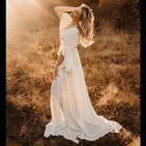 MQTIME  -  Boho Pregnant Dress Comfortable Linen Cotton One Shoulder Lace Long Sleeved Dress Photography Dress For Women