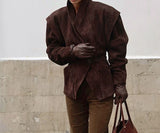 MQTIME  -  Elegant Temperament V-neck Solid Color Slim Fit Splicing Waist Solid Color Jacket Jacket 2025 New Model
