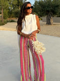 MQTIME  -  Rainbow Color Knitted Striped Pants Women Wide Leg Hollow Out Striped Loose Trousers 2025 Autumn Fashion Vacation Street Pants