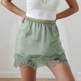 MQTIME  -  Women Satin Silk Floral Lace Hem Trimmed Mini Skirt Y2k Elastic Waist Slip Short Skirt Summer Going Out Club Skirts