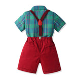 MQTIME  -  Summer Formal Plaid Suit  Boys 2Pcs Short Sleeve Shirt & Suspender Shorts Set Kids Clothes Gentleman Christmas Outfit