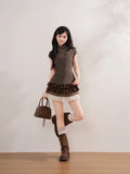  MQTIME  -  Vintage Preppy Stand Neck Short Sleeve Single Breasted Plaid Y2k Women Shirt
