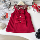 MQTIME  -  Girls Christmas Dress Winter Peter Pan Collar Thicken Warm Kids Girls Princess Dress Bow Appliques Toddler Girl Red Dress