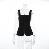  MQTIME  -  Simple Temperament Square Collar Zippers Vest Women's Summer Fashion Solid Color Sleeveless Tank Tops Chic Commuter Slim T-Shirt