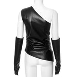 MQTIME  - Women Y2K PU Leather Asymmetrical T-shirts with Sleeves Gloves Fashion Sexy One Shoulder Sleeveless Slim Tops Clubwear Tees