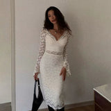  MQTIME  -  Sexy V-neck Long Sleeve Lace Patchwork Dress Women Elegant Double-layer Stretchy Party Club Evening Dress Wedding Outfit
