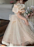 MQTIME  -  Girls Princess Long Dress Fashion Bow Sequin Puff Sleeve Tutu High End Formal Party Gown Ball New Style Children Evening Dress