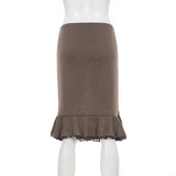  MQTIME  -  Women's Elegant Low-Waisted Ribbed Knit Midi Skirt with Ruffle Hem Bodycon Pencil Skirt Perfect for Office And Streetwear Autumn