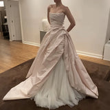 MQTIME  -  Elegant Dusty Pink Strapless Women's Ball Gown Pleated Wrap Overskirt Sleeveless Tulle Layers Wedding Formal Maxi Dress