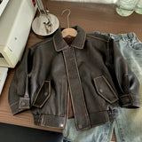 MQTIME  -  Boys Leather Jacket Autumn Spring Korean Style New Arrival Trendy Fashion Cool Brown Solid Color Jackets Coats