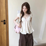 MQTIME  -  Summer Sweet French V Neck Short Sleeve Shirts Y2k Fairy Flower Print Thin Spliced Lace A-line Korean Tops Streetwear Lazy Tees