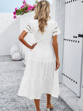 MQTIME  -  Solid Color Midi Dress Round Neck Short Sleeve Pleated A-line Summer Dress Femme Boho Vestidos White Party Dresses