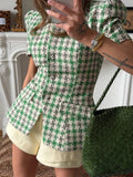 MQTIME  -  Green Round Neck Short Sleeve Two-piece Set Summer Women's Suit Plaid Tweed Peplum Blazer And Skirt lady Daily Street Wear