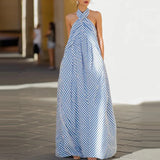 MQTIME  -  Spring Criss-cross Halter Backless Women Dress Fashion Striped Print Hollow Long Party Dress Summer Sleeveless Pocket Maxi Dress