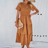 MQTIME  -  Solid Color Midi Dress Round Neck Short Sleeve Pleated A-line Summer Dress Femme Boho Vestidos White Party Dresses
