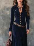  MQTIME  -  Elegant Turn-down Collar Button Long Maxi Dress Woman Sexy Slim A-Line Dress Vintage Long Sleeve Spring Autumn Dress And Belt