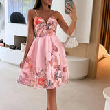 MQTIME  -  Sexy Deep V Backless Banquet Dress Women Casual High Waist Pleat Evening Party Dresses Summer New Floral Printed Suspender Dress
